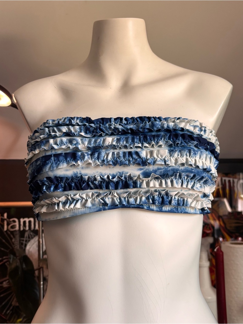 Lucky Brand Blue & White Ruffled Strapless Bikini Top